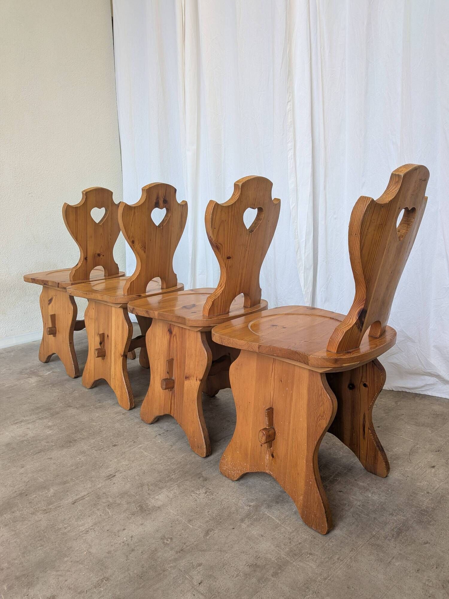 Vintage Alpine Wooden Chairs (Set of 4) Heart Cut-Out