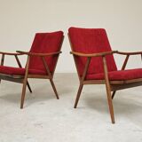 Pair of burgundy boomerang armchairs Antonin Suman Ton Bystrice (Thonet)
