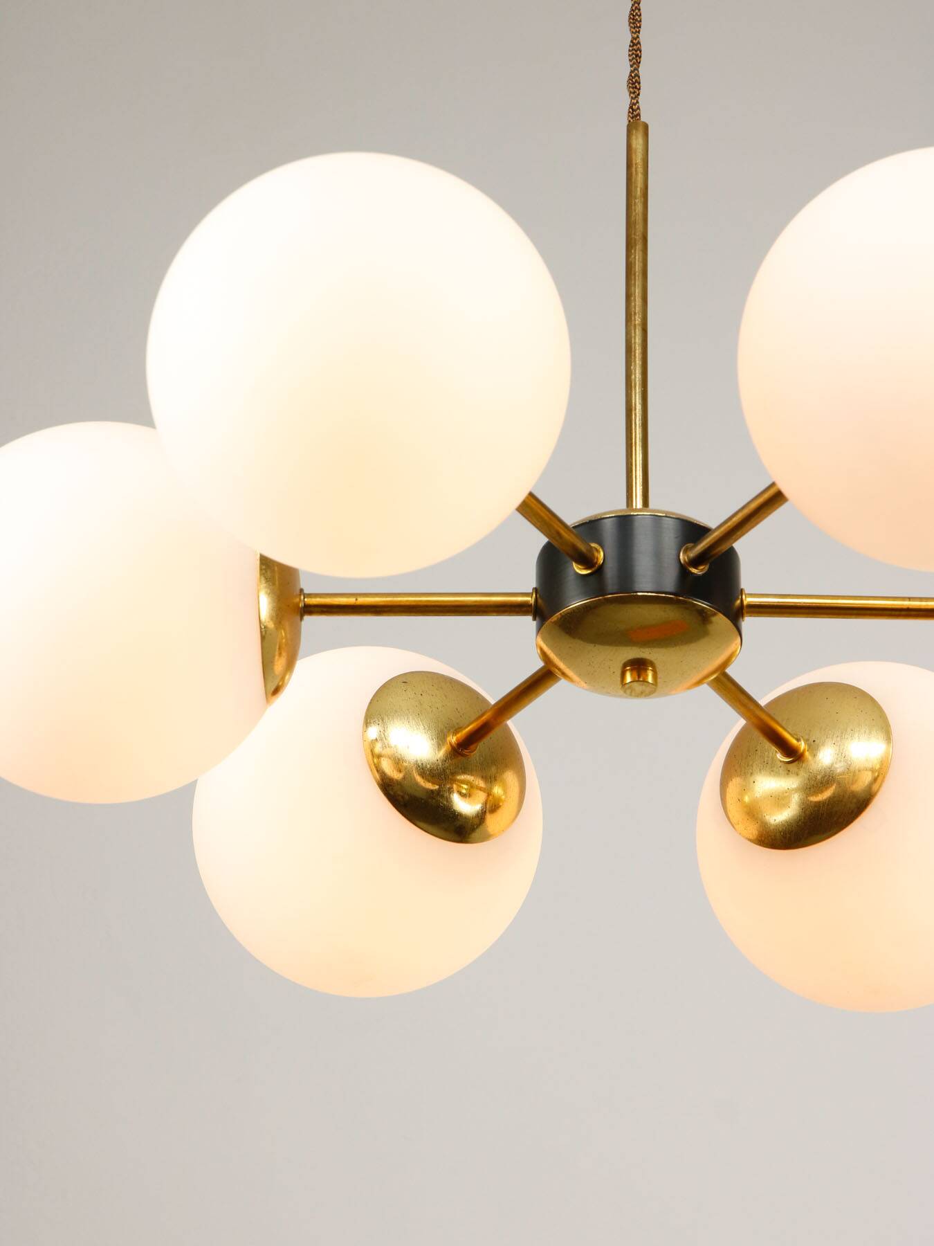 Mid-Century Modern Italian 6-Arm Sputnik Chandelier with Opaline Shades, 19