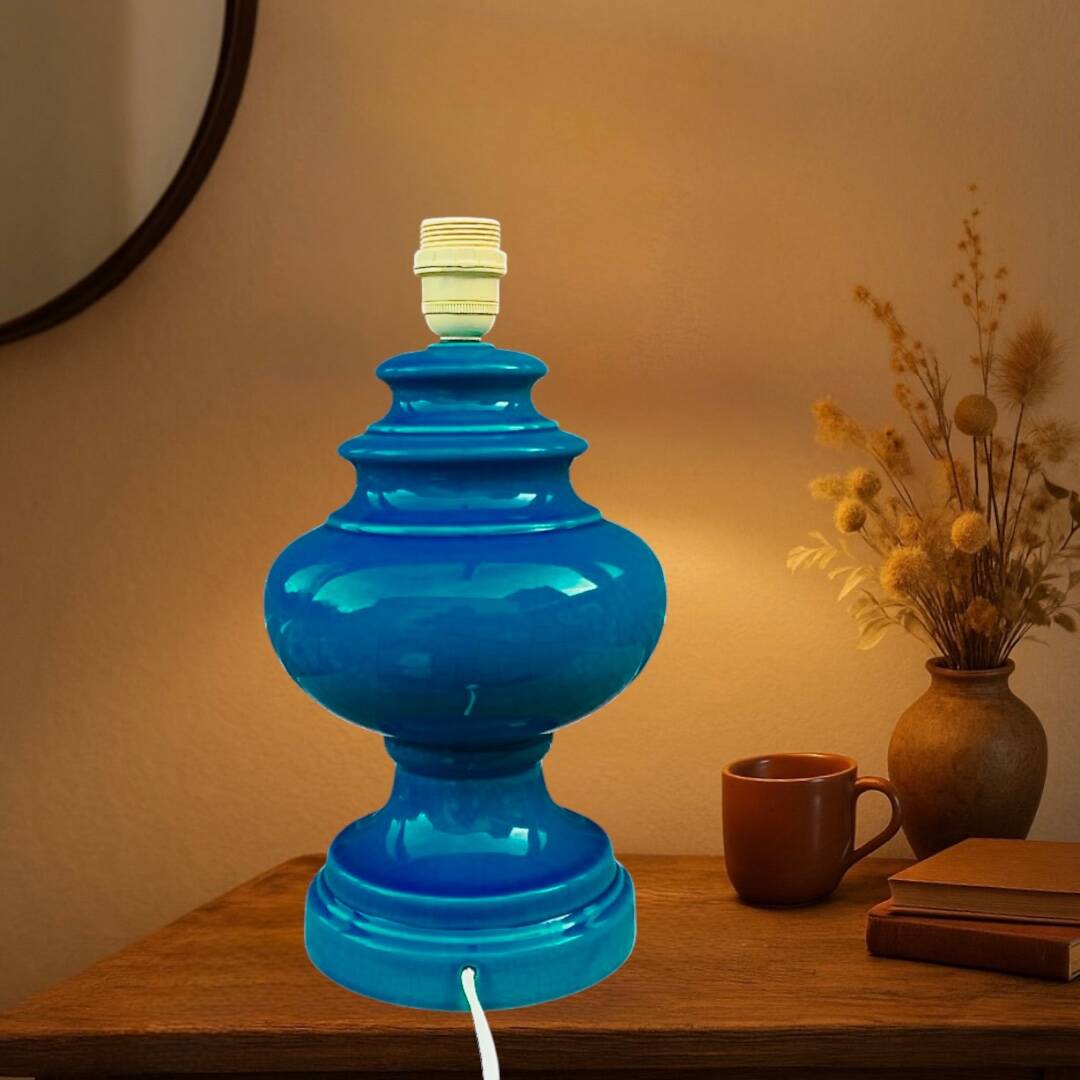 Antique large lamp base in duck blue glazed ceramic
