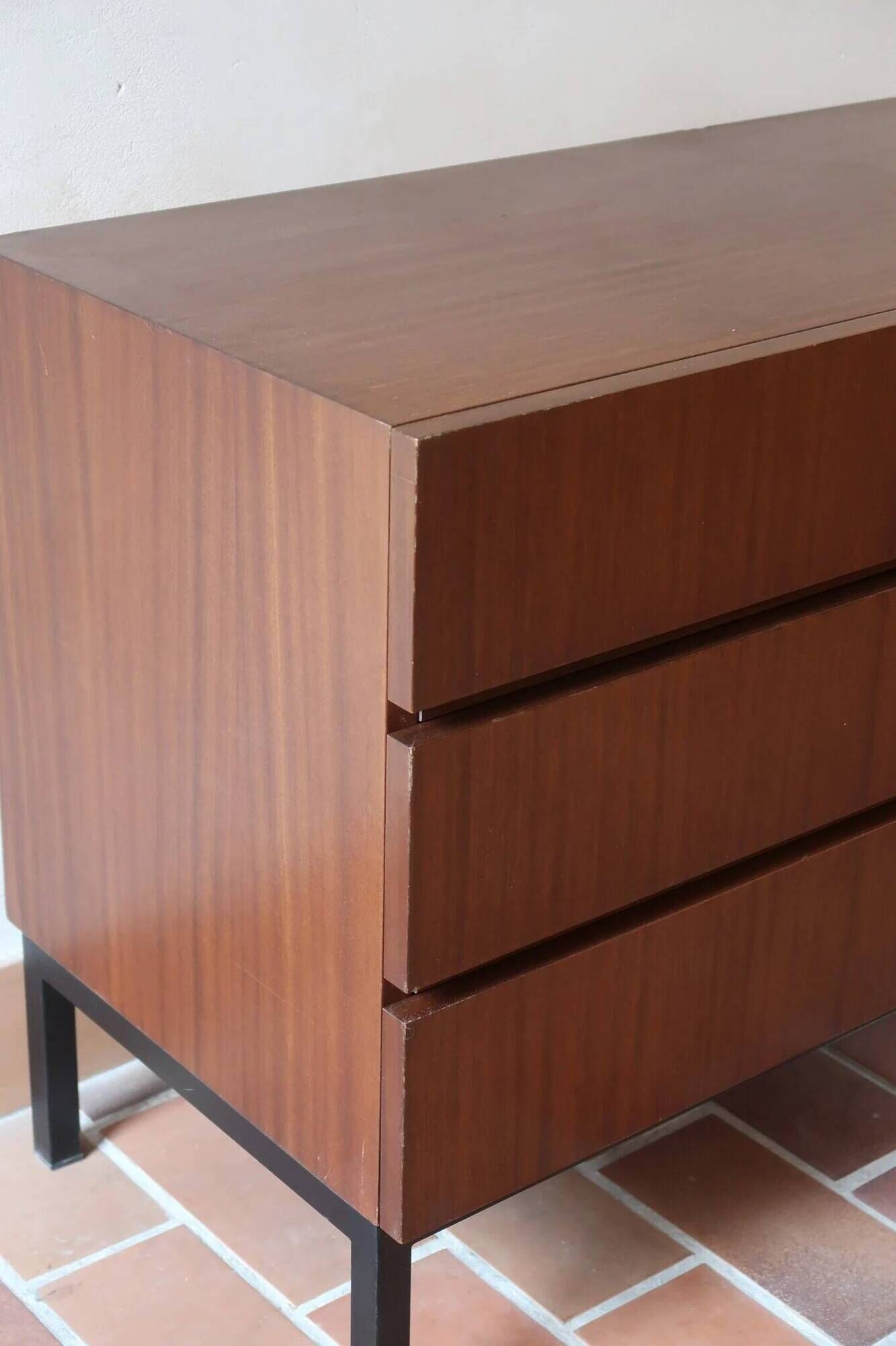 Teak chest of drawers with 3 drawers, black metal legs, 1960s.