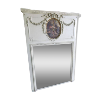 Miroir trumeau en bois peint blanc style louis xvi avec peinture scene xix mag