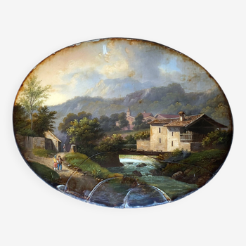 Painting "Animated landscape" 19th century HST under curved glass for restoration