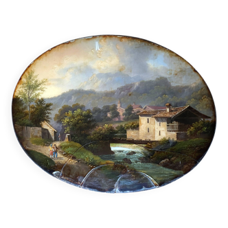 Tableau "Paysage animé" XIX° siécle HST sous verre bombé pour restauration