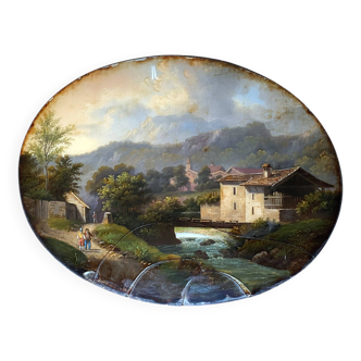 Painting "Animated landscape" 19th century HST under curved glass for restoration