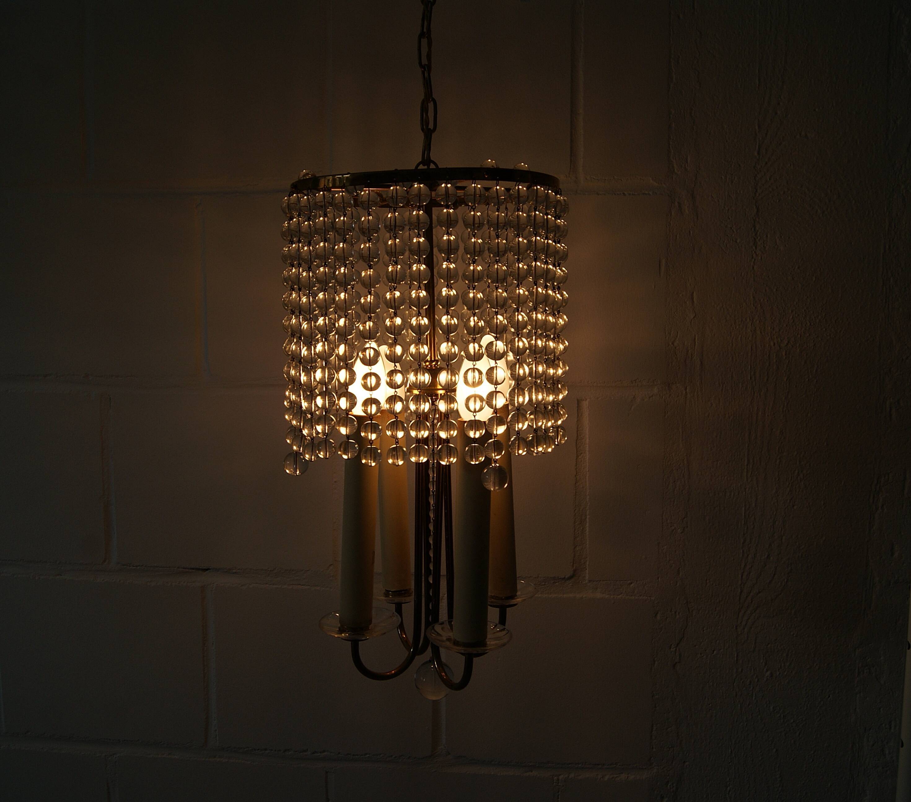 Chandelier antique four flames with glass beads, brass, boho lamp