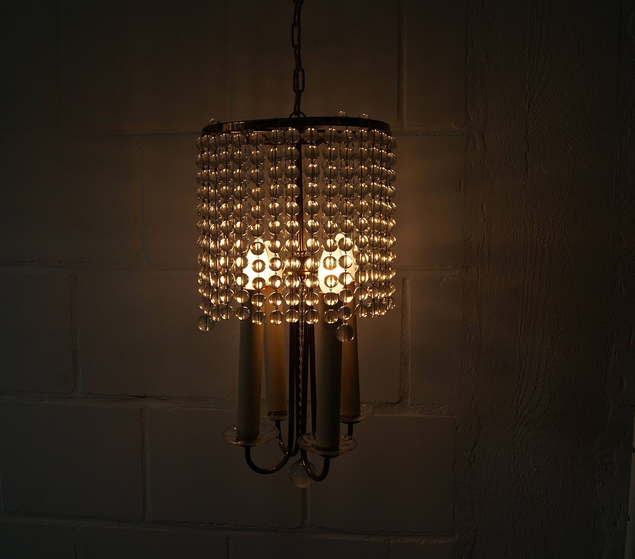 Chandelier antique four flames with glass beads, brass, boho lamp