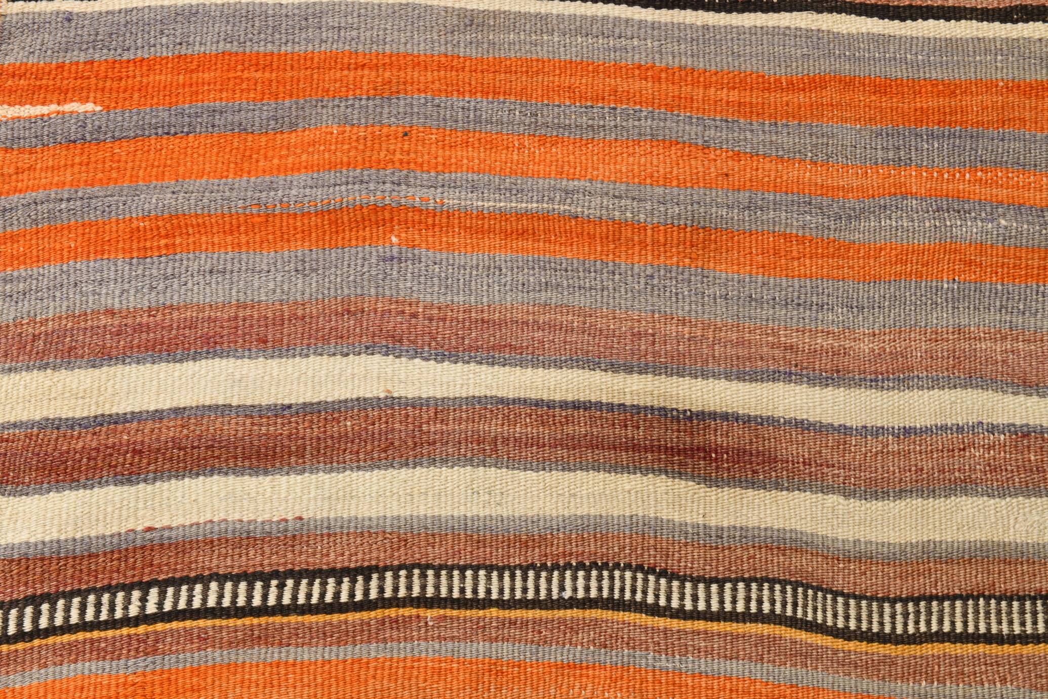 2x10 Pistriped Orange & Green Vintage Kilim Runner Rug, 69x325Cm