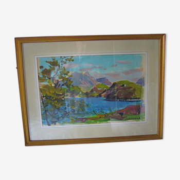 Tableau impressionniste, signé Daniel du Janerand, lac bleu ecosse au bénézit
