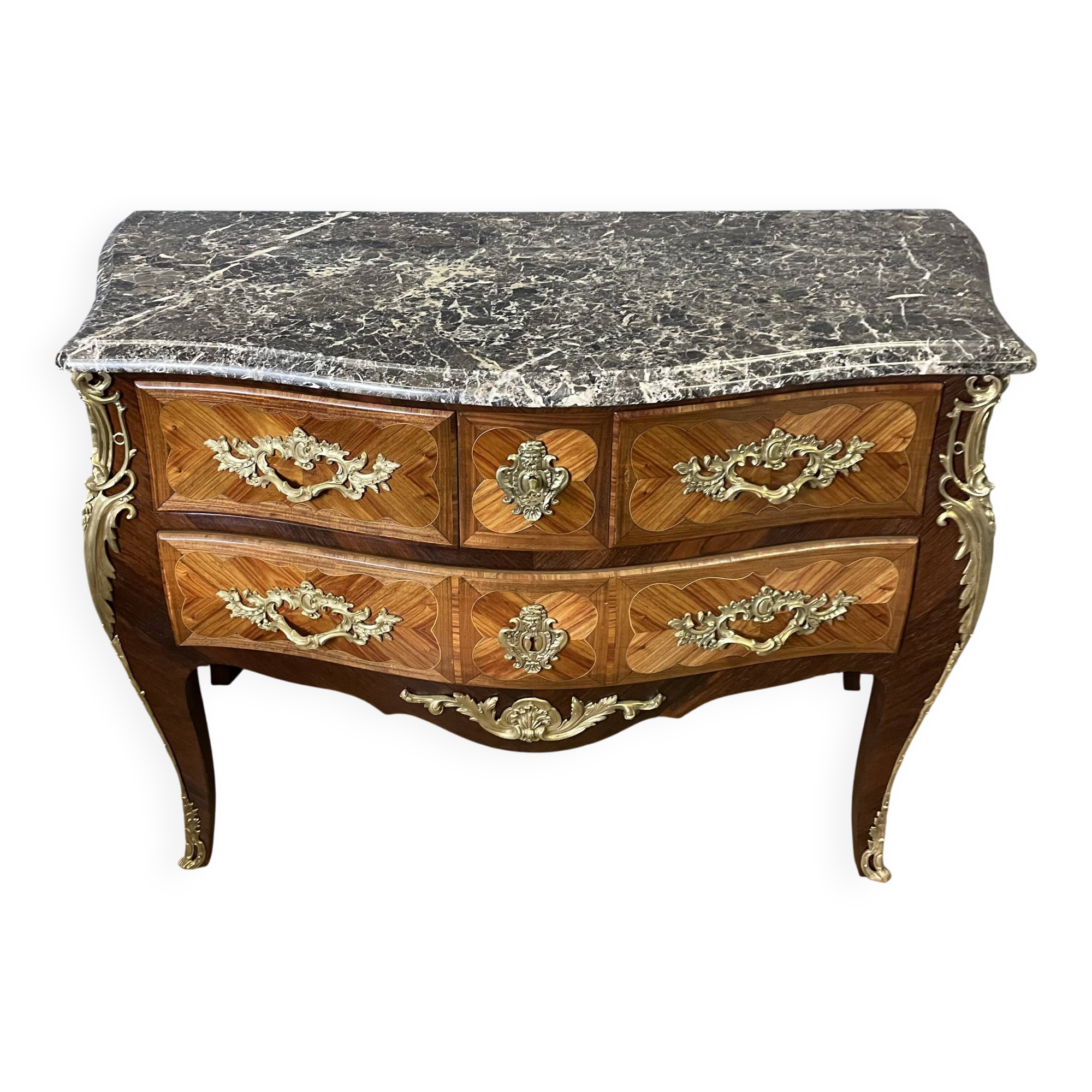 Louis XV style commode in marquetry from around 1920.