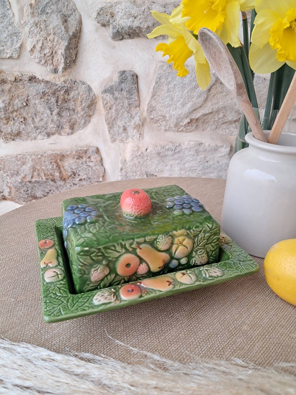 Antique butter dish in slip