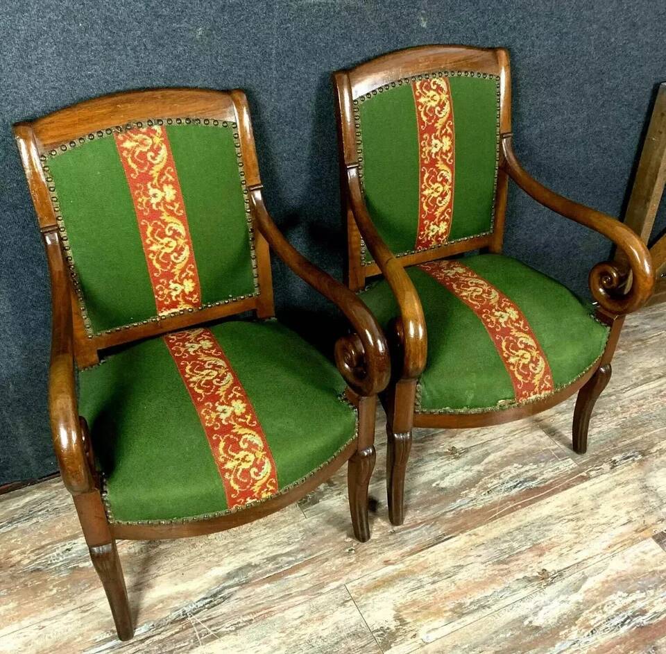 Pair of Empire period restoration mahogany armchairs