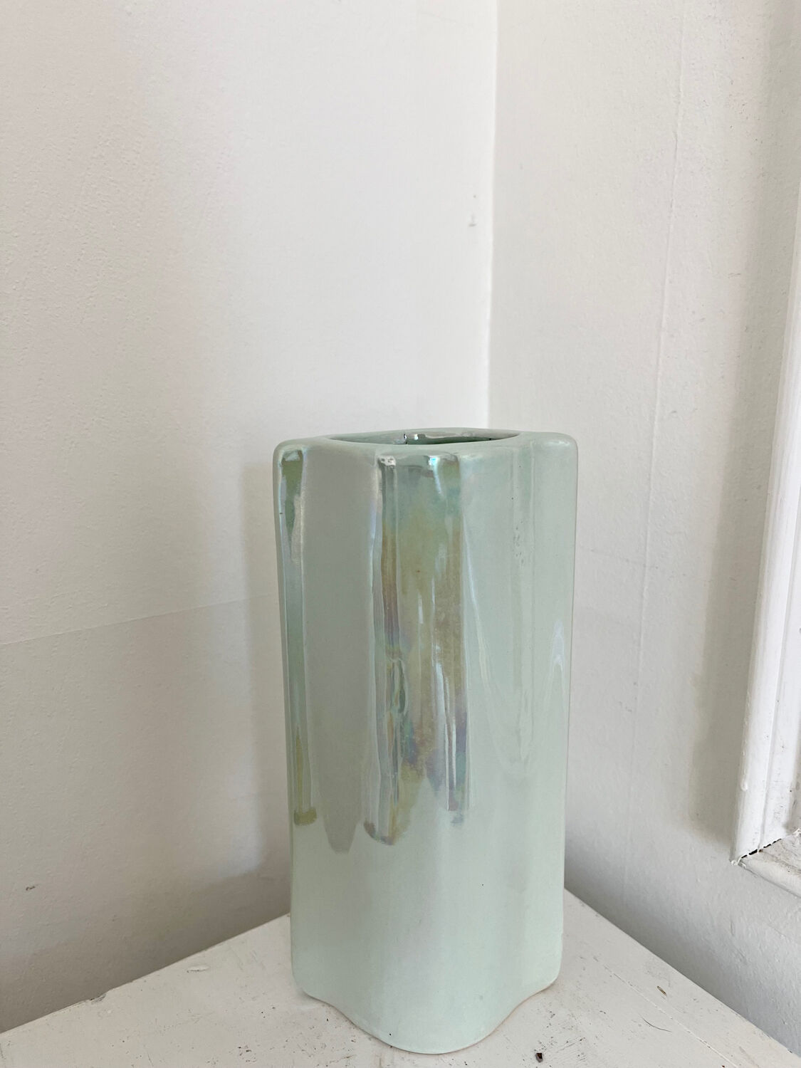 Duo of vintage iridescent ceramic vases