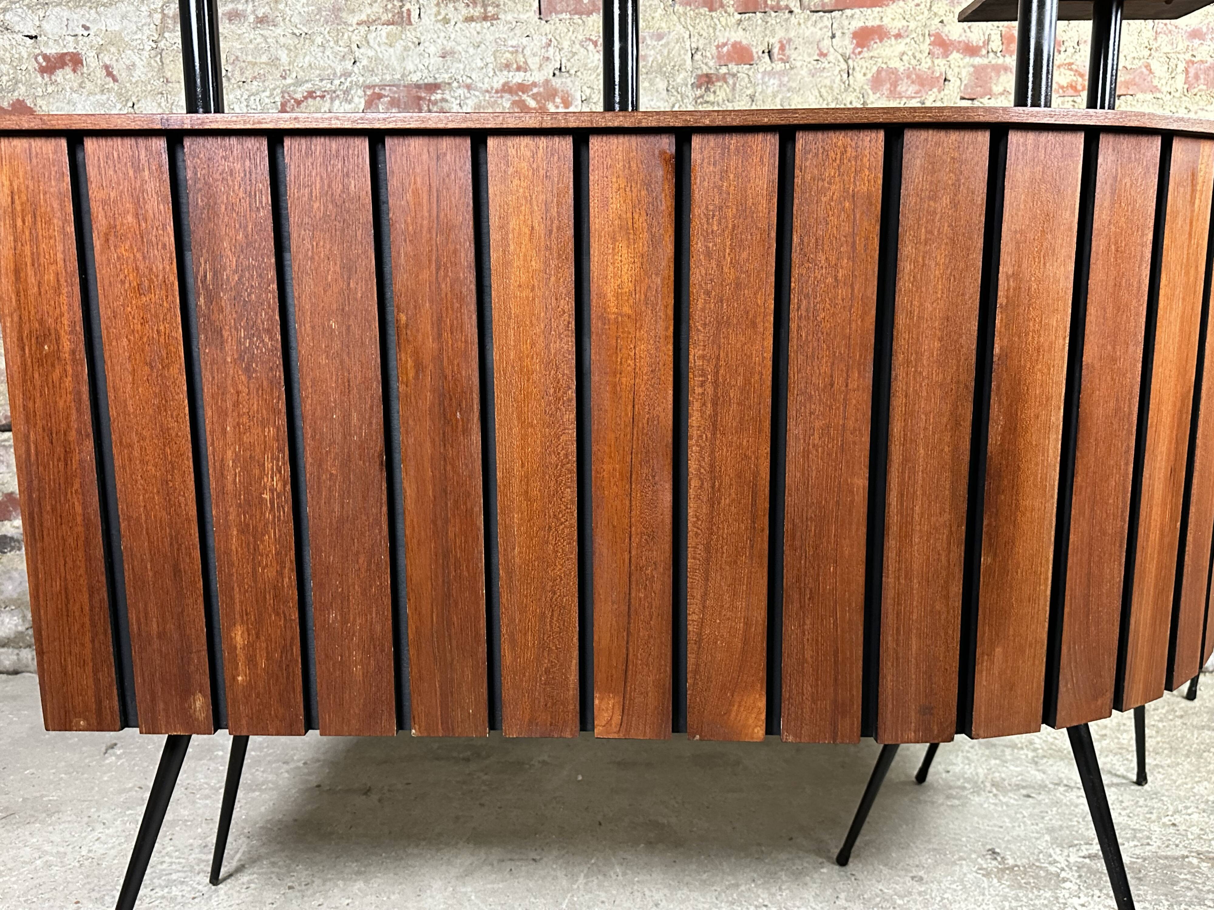 Cocktail bar in teak and metal and its 2 vintage stools 1950'S