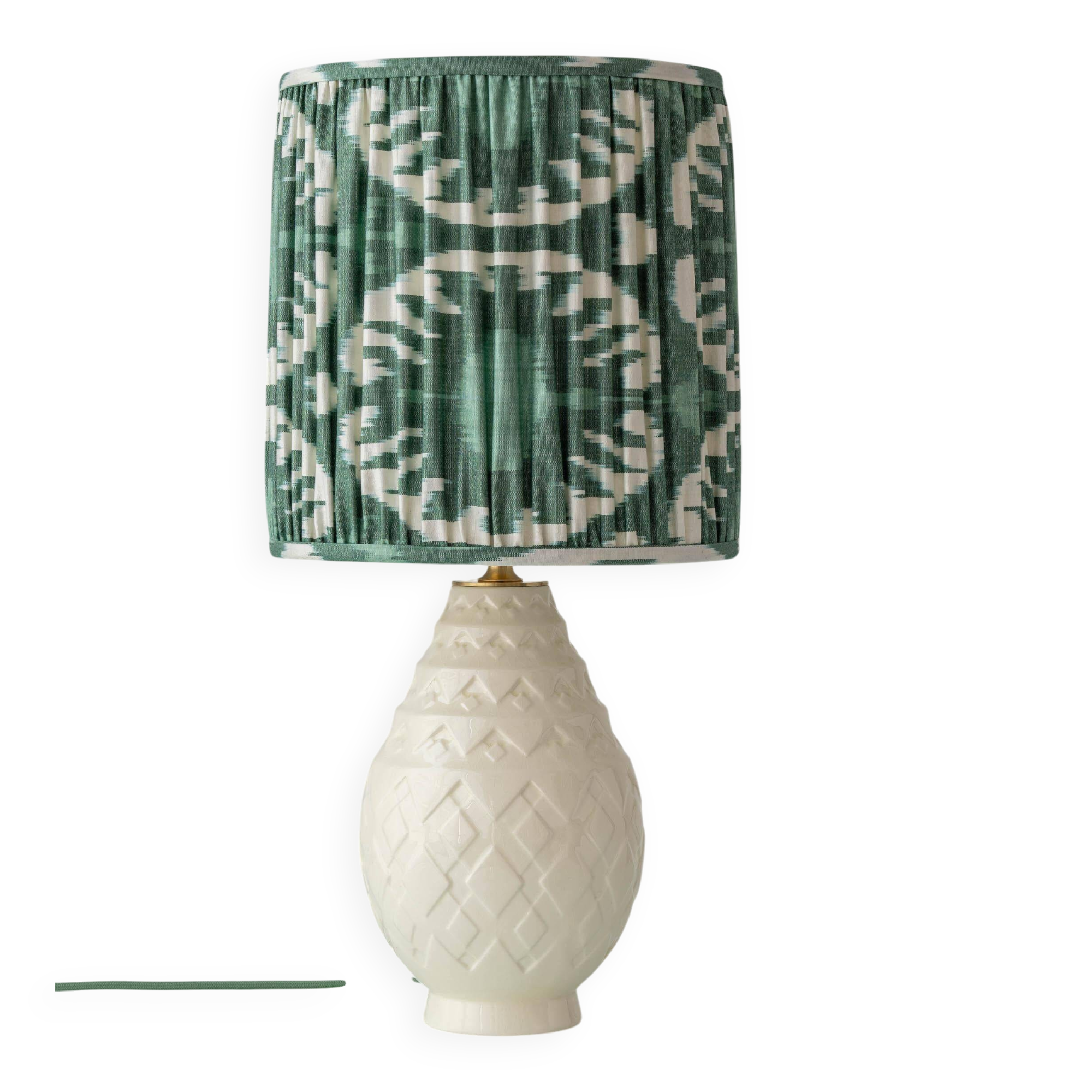 Art Deco table lamp by Charles Catteau for Boch Frères "Pineapple" with new Ikat silk shade.