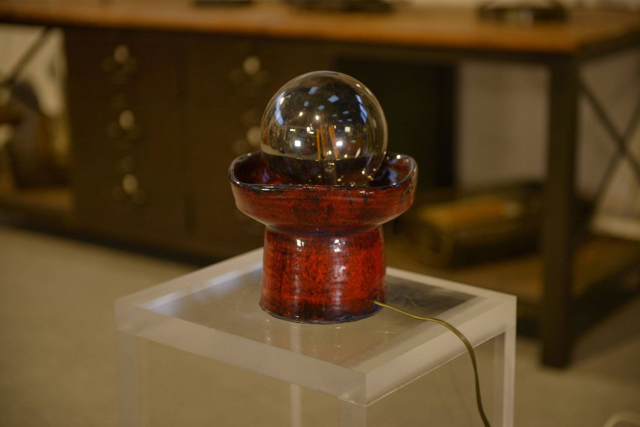 Red ceramic table lamp by Guillerme and Chambron 1980s
