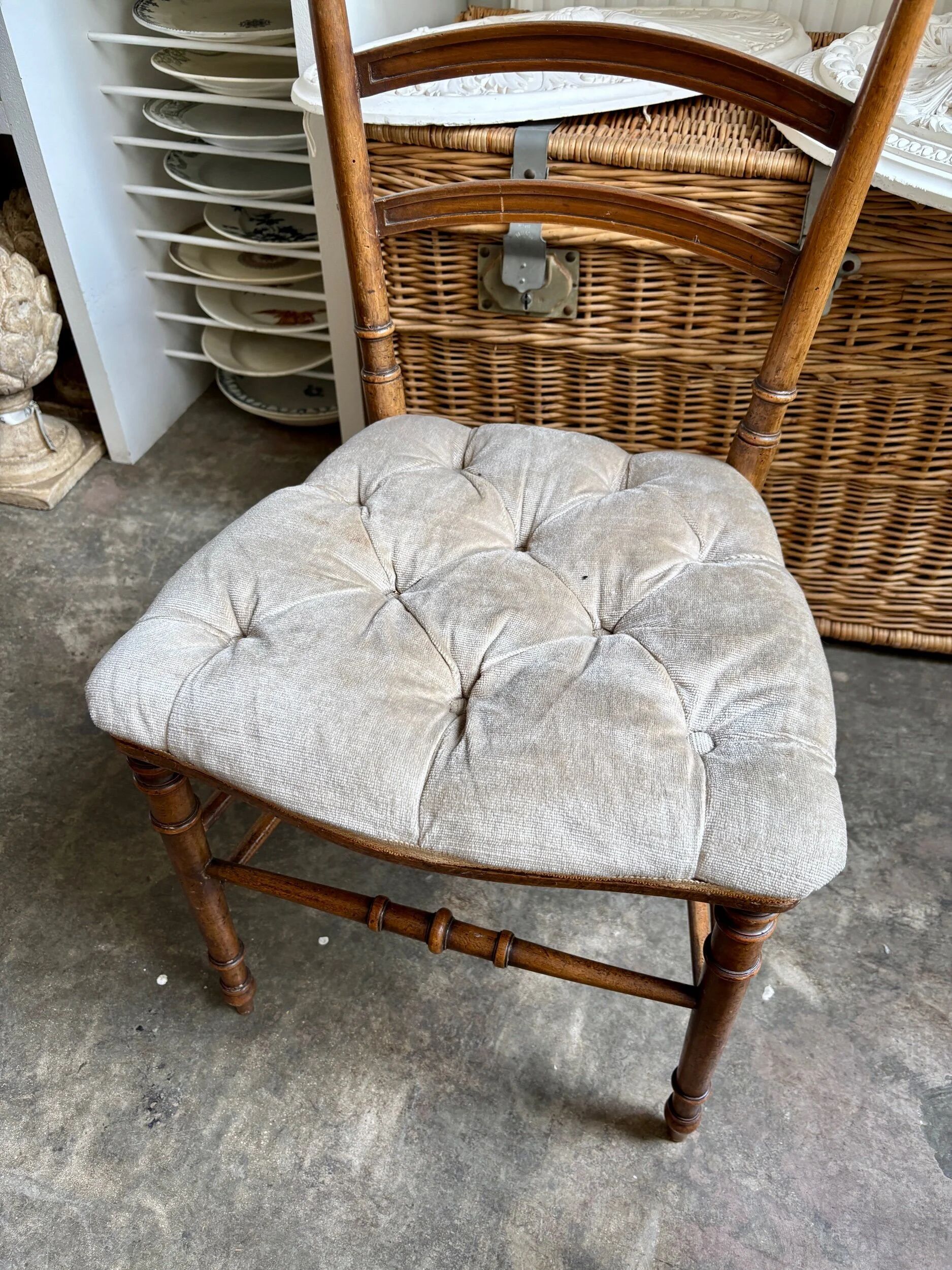 Napoleon III chair in dark wood and beige cotton velvet.