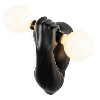 Black ceramic wall lamp by J.C. Peiré, sculptural arm, 1980s