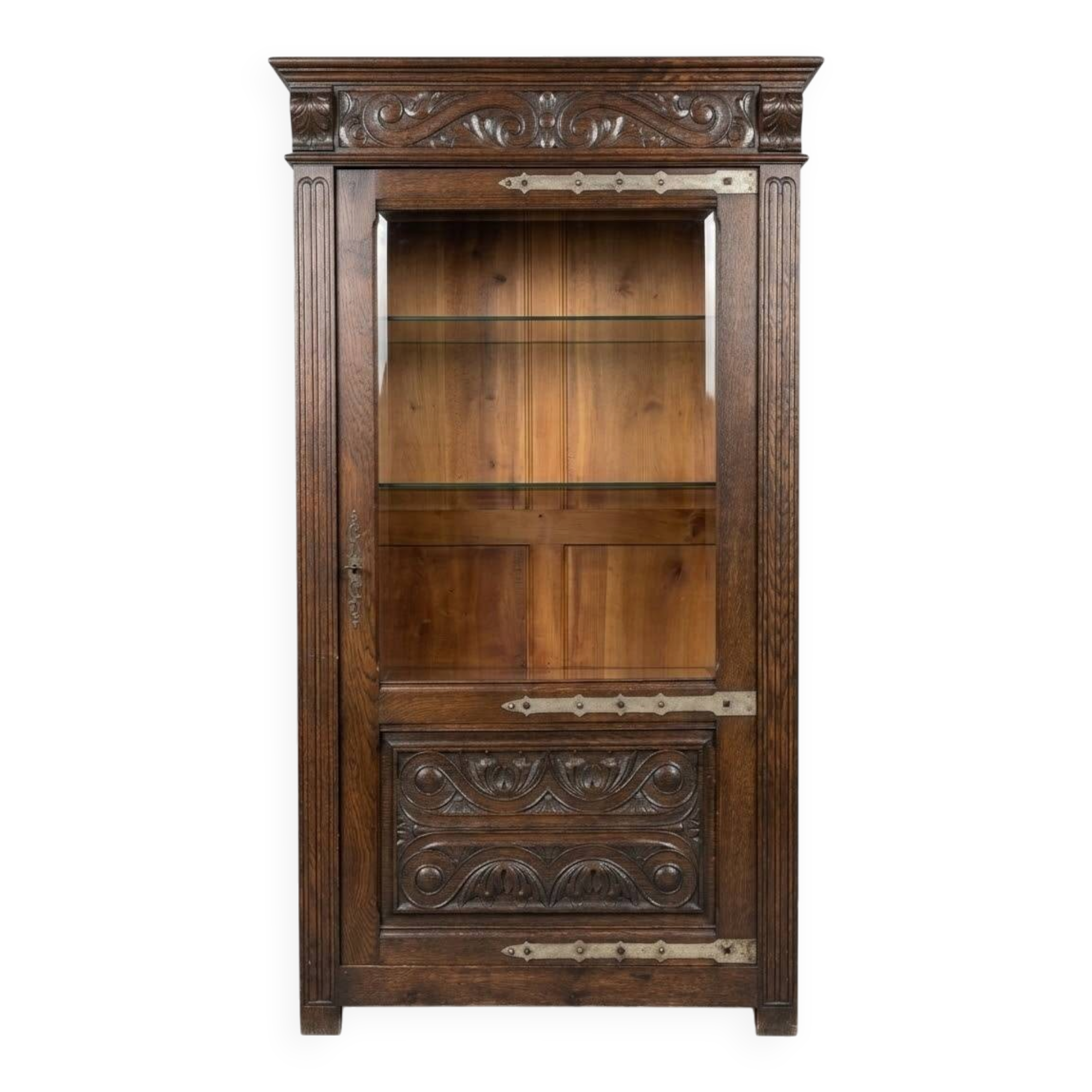 Antique oak display cabinet, solid, in the style of Spanish Renaissance, with sculpture and wrought iron.