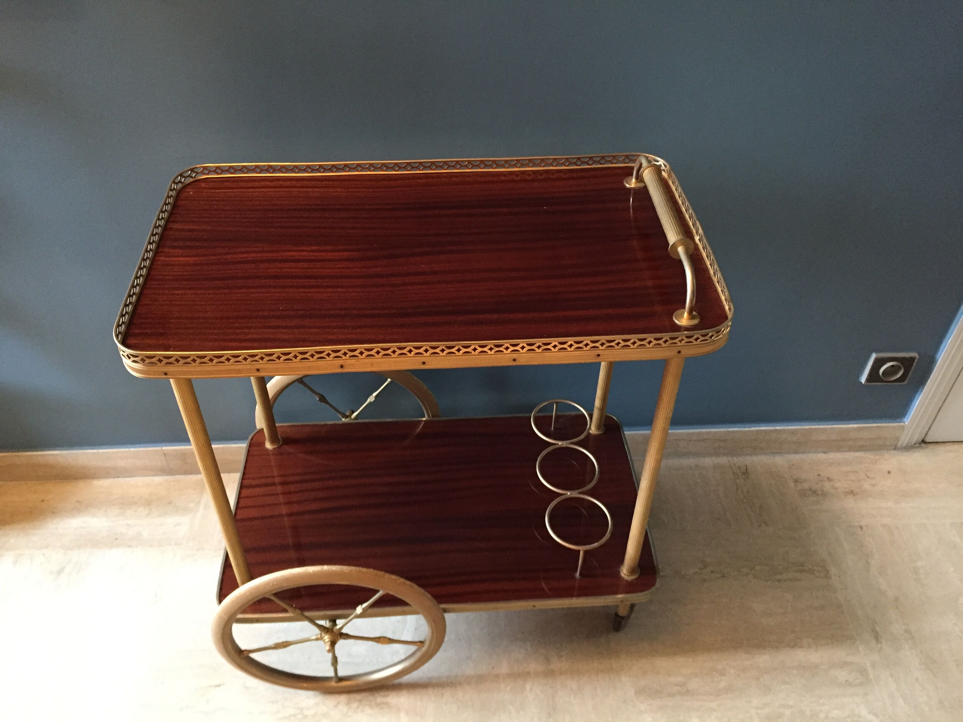 Serving wheels gold metal and wood vintage 1960