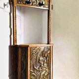 Vestiaire ancien cuivre et bois, meuble porte manteaux vintage pour entrée