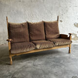 1950s brutalist oak and velvet throne-like sofa