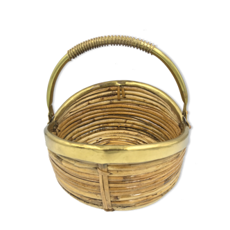 Brass wicker rattan basket from the 70s