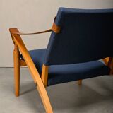 Scandinavian Modern Foldable Safari Lounge Chair in Beech wood and Blue fab