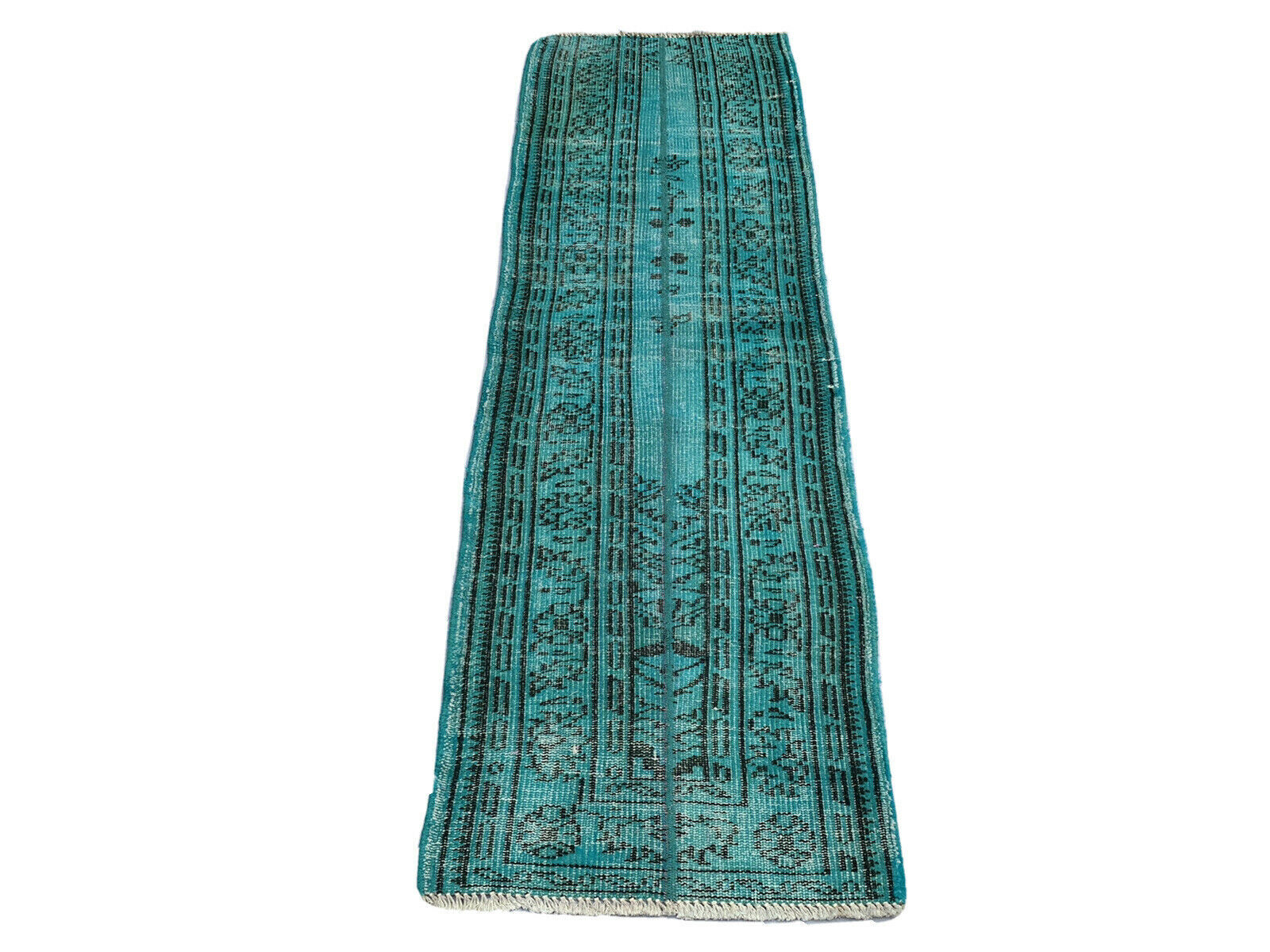 Distressed Turkish Narrow Runner 195 x 64 cm Wool Vintage rug, Overdyed Turquoise