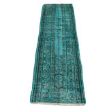 Distressed Turkish Narrow Runner 195 x 64 cm Wool Vintage rug, Overdyed Turquoise