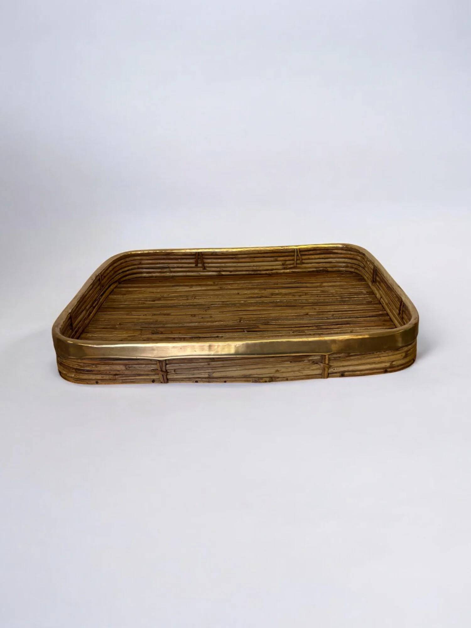 Rattan and brass tray, Italy, circa 1970s