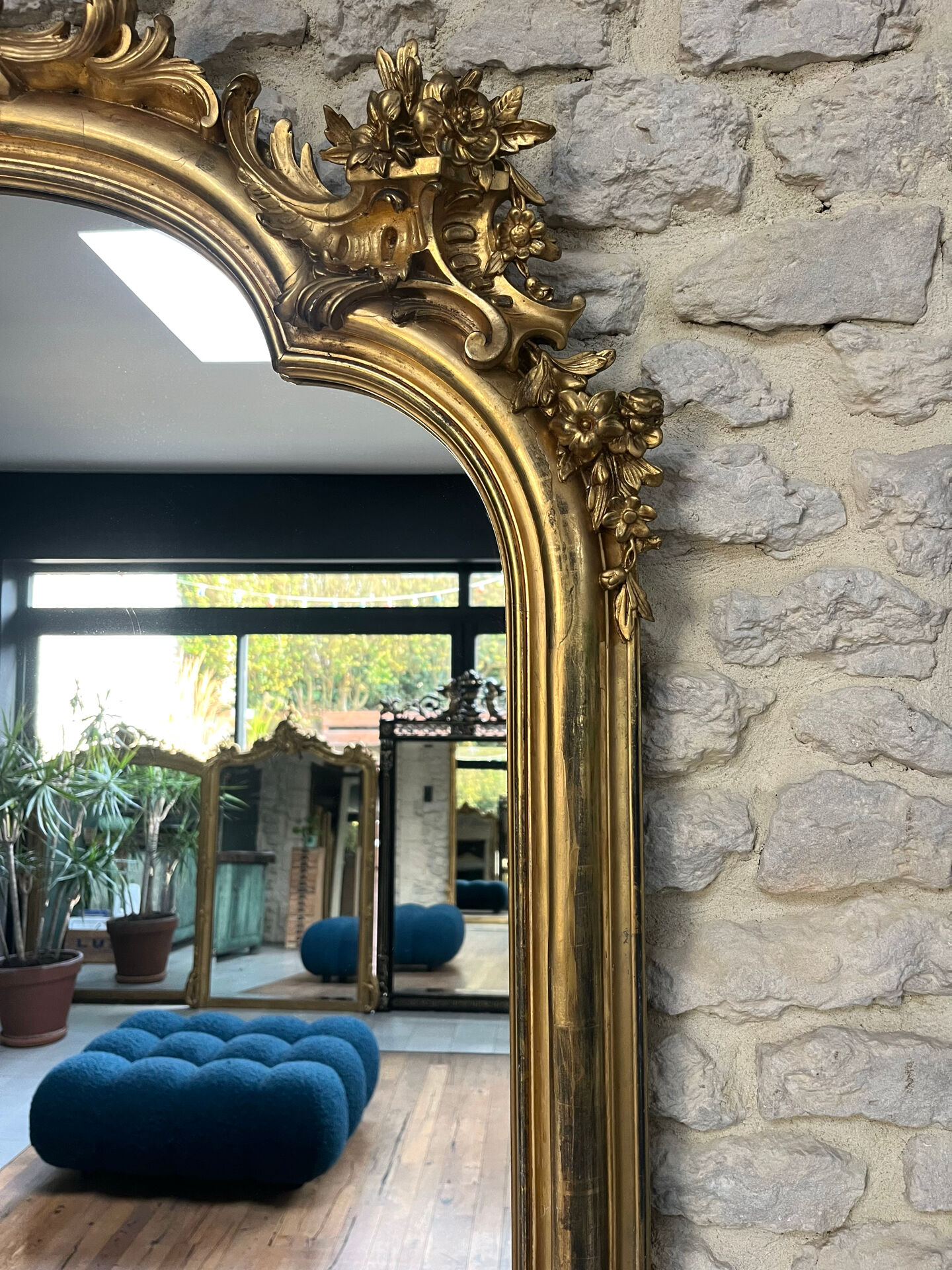 Gold leaf mirror with pediments, 219/131cm, overmantel.