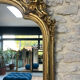 Gold leaf mirror with pediments, 219/131cm, overmantel.