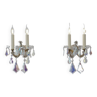 Pair of antique Murano glass wall sconces, iridescent crystal sconces, Barovier & Toso, 1920s ca Italian