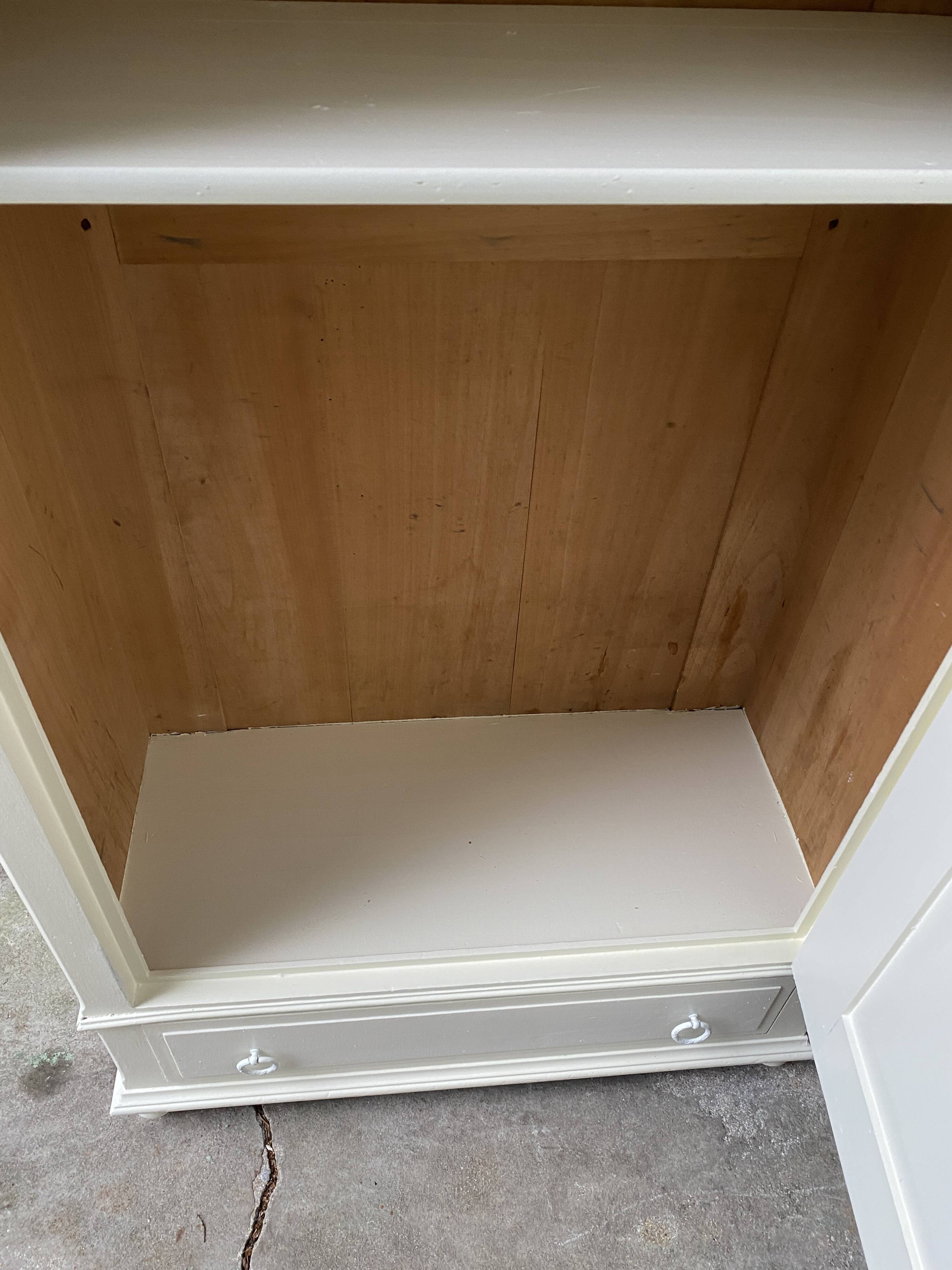 Vintage Parisian wardrobe, pale yellow lacquer, one door, three shelves, one drawer