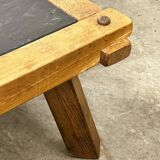 Vintage Pair of oak and slate brutalist end or coffee tables, France 1970s.