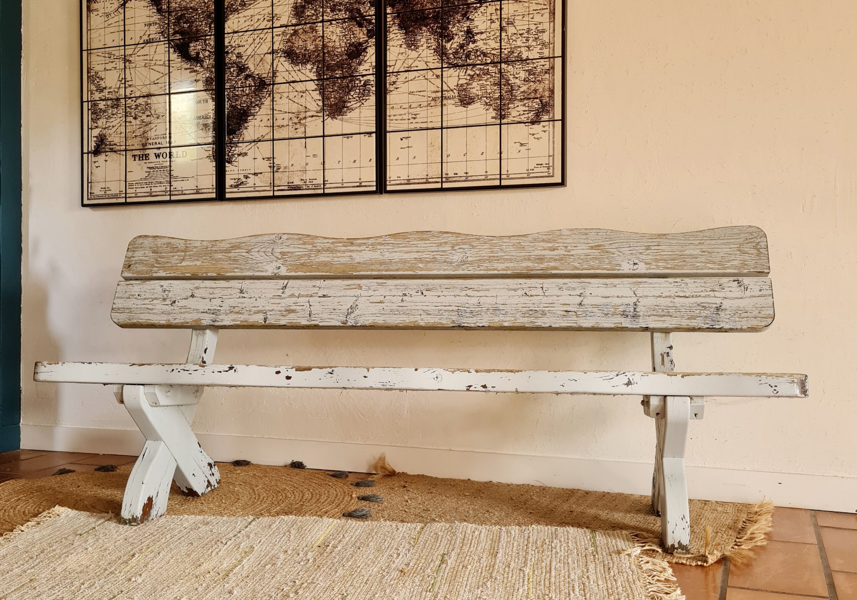 Exterior bench in patinated white solid wood