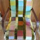 Fauteuil bridge des années 50 en patchwork de velours polychrome