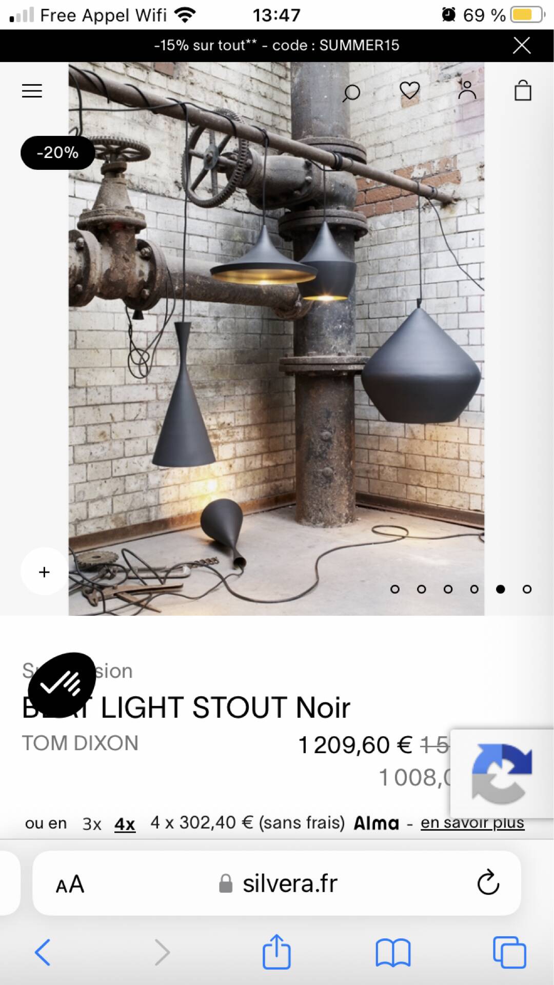 Suspension Beat light stout noir design Tom Dixon in excellent condition.
