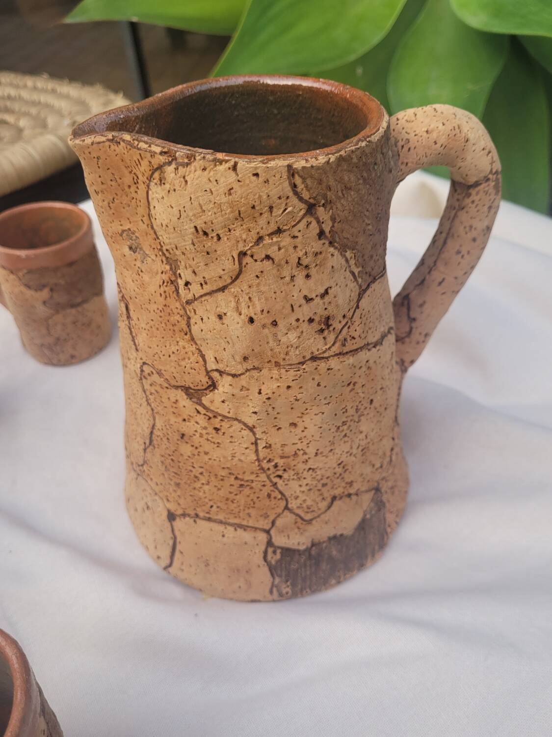 Set of old Corsican cork and terracotta handcrafted pitcher and cup