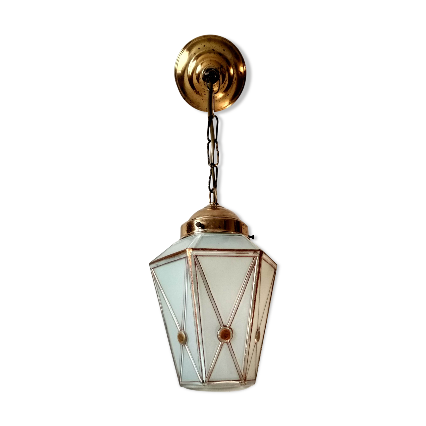 Suspension vintage  - lanterne en verre et liserés dorés - structure laiton doré -  années 1950