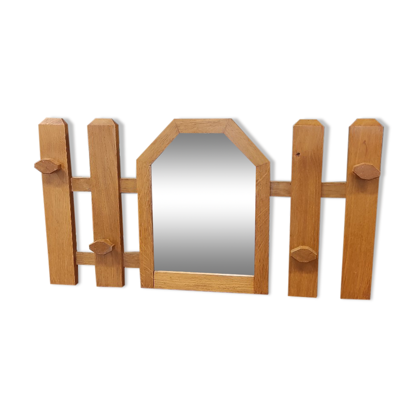 Vintage wooden coat rack with modernist design mirror 4 hooks