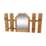 Vintage wooden coat rack with modernist design mirror 4 hooks