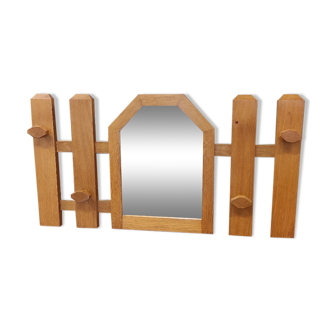 Vintage wooden coat rack with modernist design mirror 4 hooks