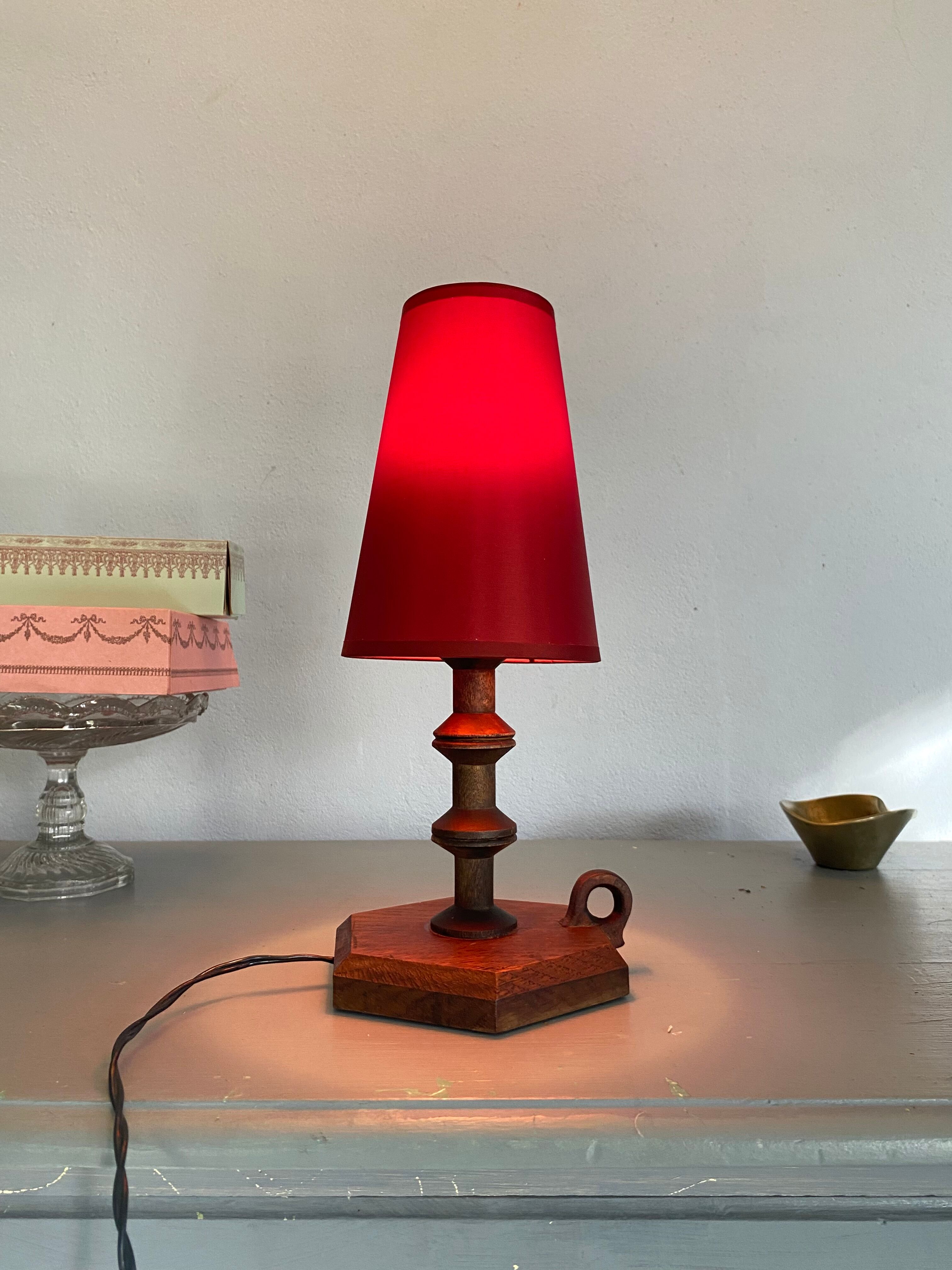 Wood lamp and lampshade, vintage switch