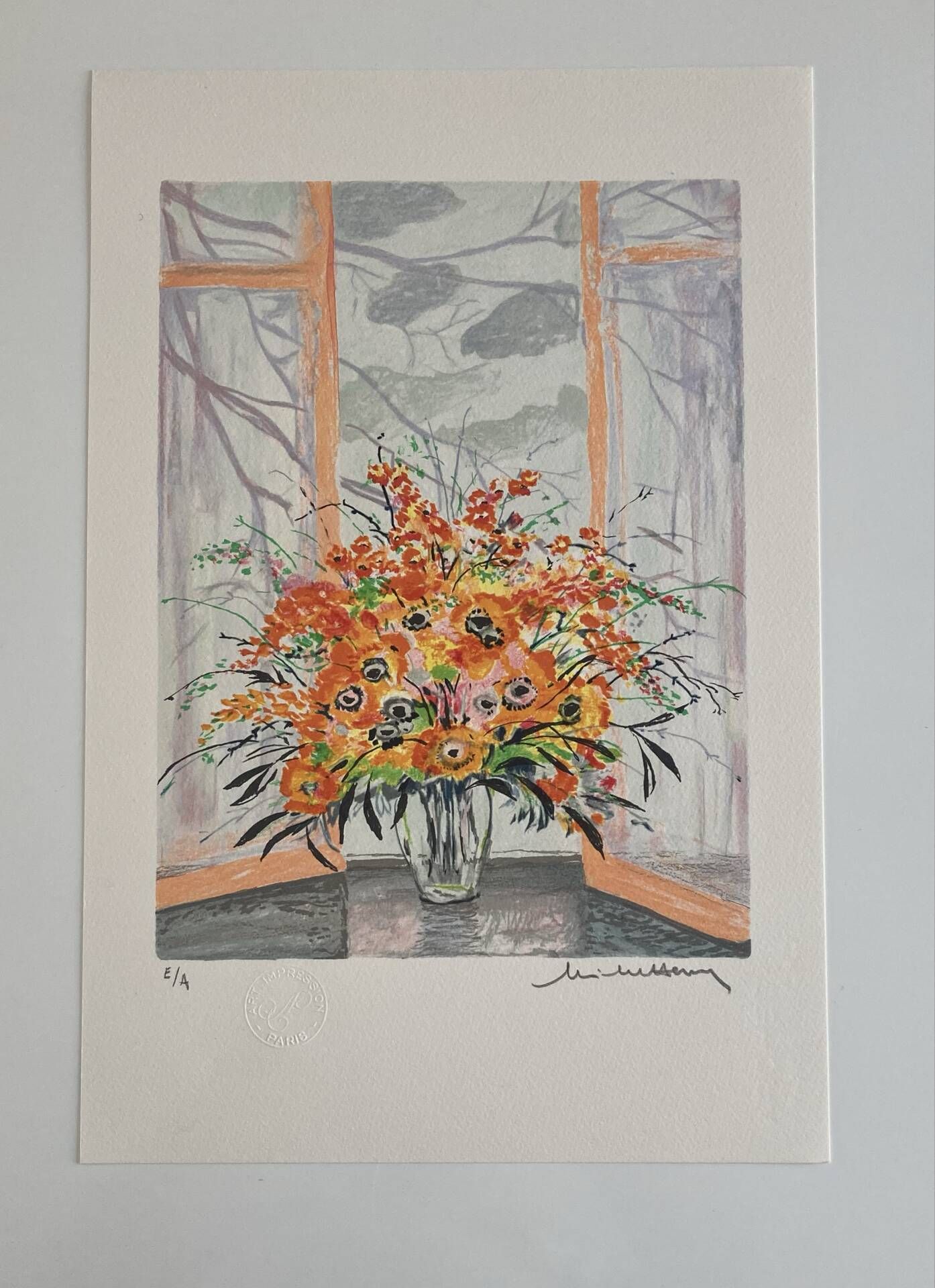 Lithographie signée Michel Henry - Bouquet à la fenêtre
