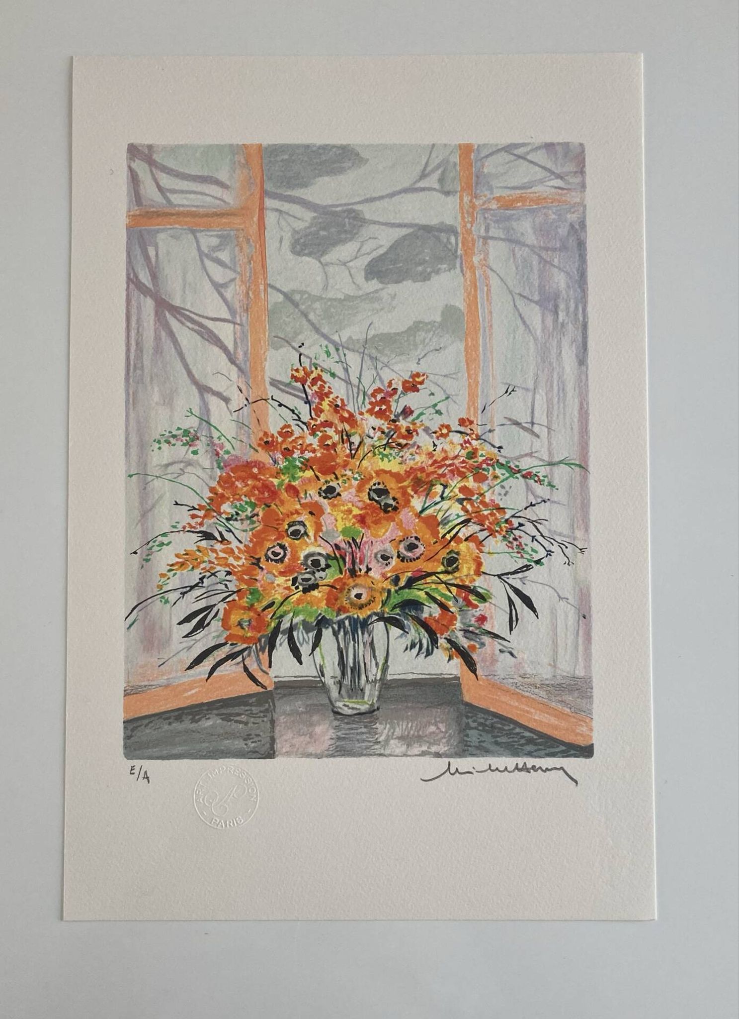 Lithograph signed by Michel Henry - Bouquet at the window