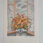 Lithograph signed by Michel Henry - Bouquet at the window