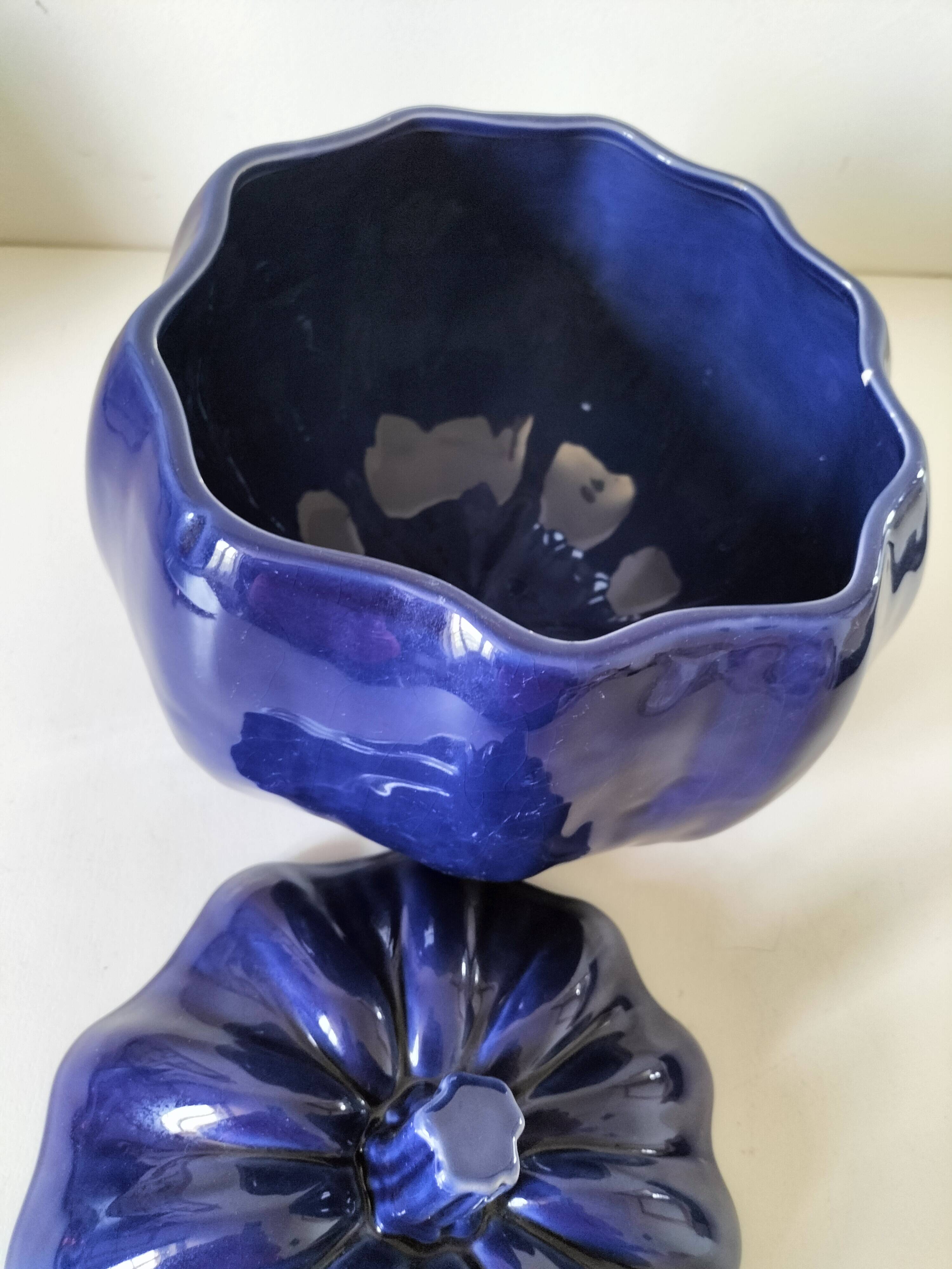 Large vintage soup tureen in glazed ultramarine ceramic