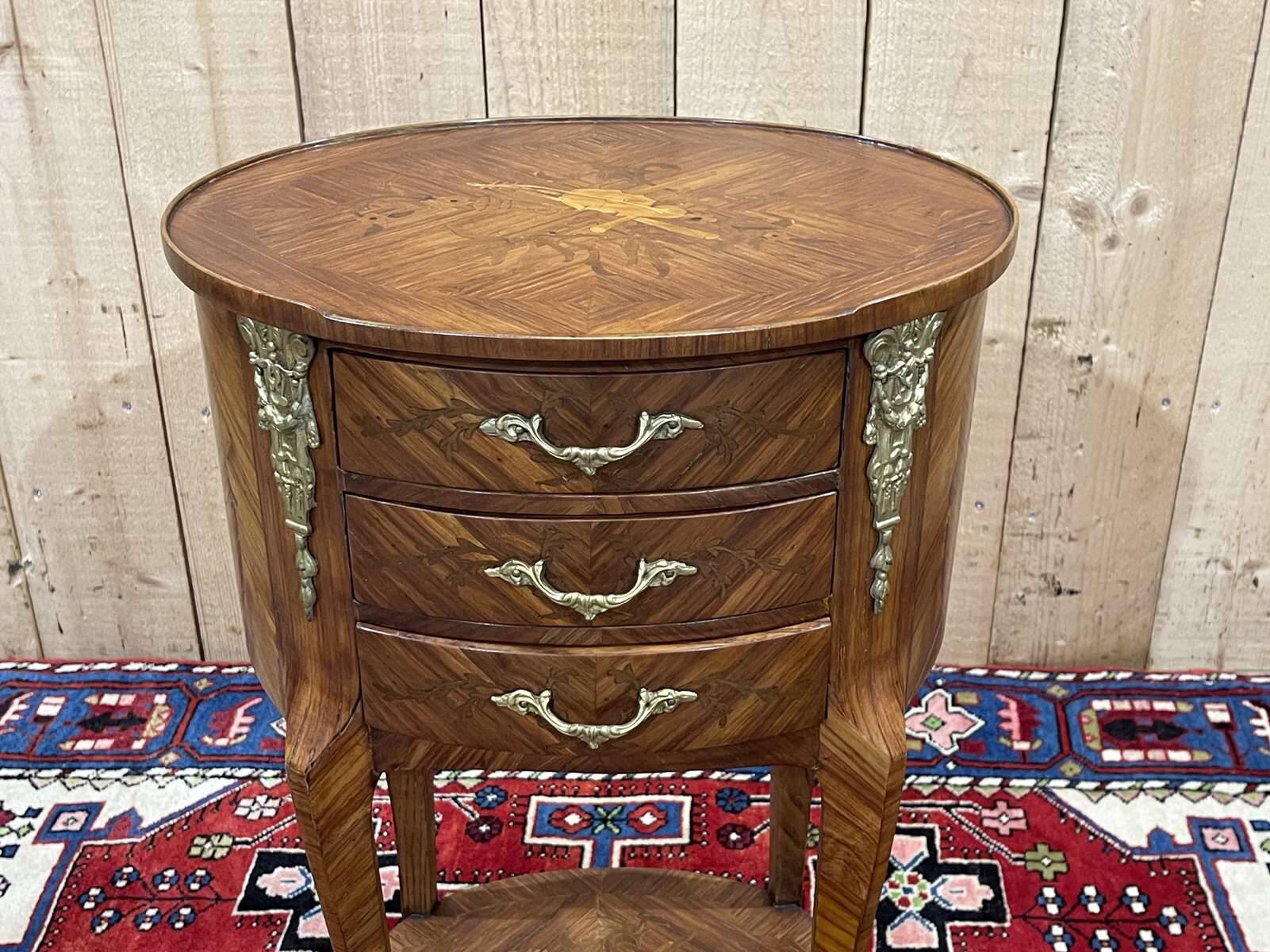 3-drawer side table in rosewood and oak, 1970s Louis XV style work